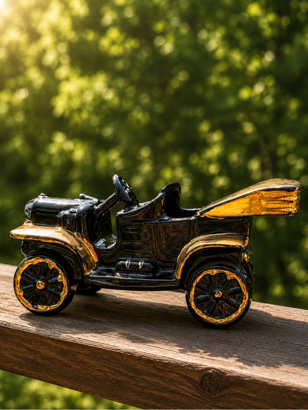 Vintage Black & Gold Ceramic Model T Style Planter | 22KT Gold Trim Retro Decor